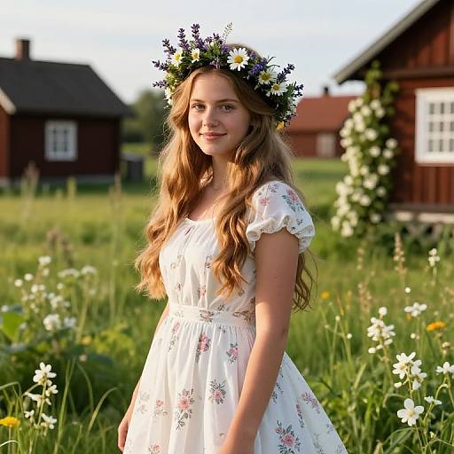 Photograph of a smiling young woman with long, wavy blonde hair, wearing a white floral dress and flower crown, standing in a sunlit,