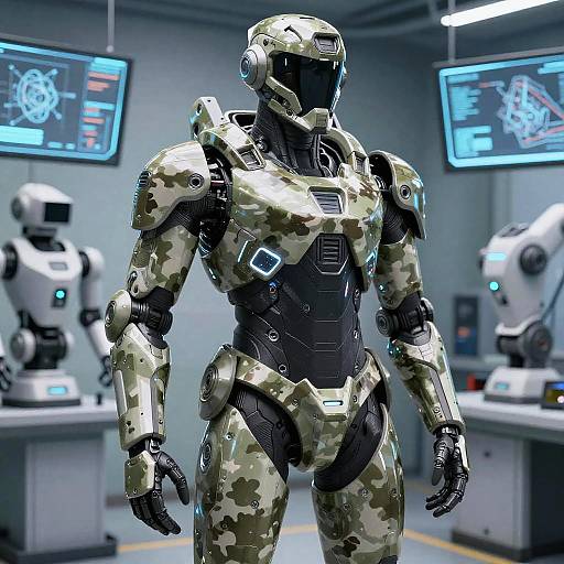 Photograph of a camo-patterned, futuristic armored robot in a high-tech lab with two white robots and blue holographic screens.