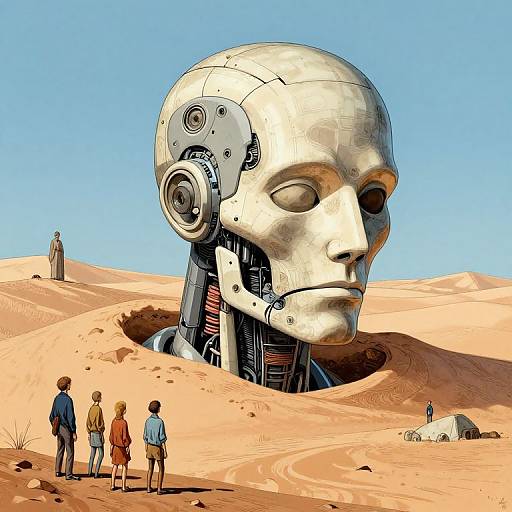 Digital illustration of a giant metallic human head with exposed gears and wires, buried in a desert with four small figures and a distant statue. Bright blue sky