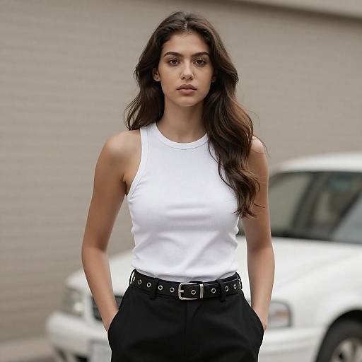 Serious Young Woman Against Brick Wall
