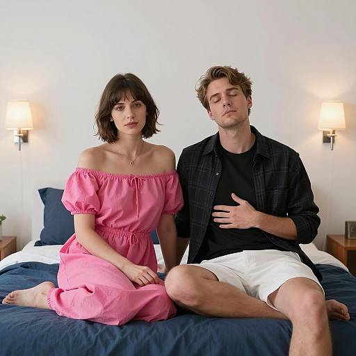 Couple Sitting on Bed in Relaxed Pose