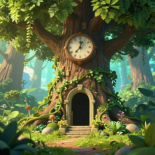 Digital fantasy artwork of a clock-faced tree with a stone arched door, vines, and lush forest background. Sunlight filters through dense foliage.