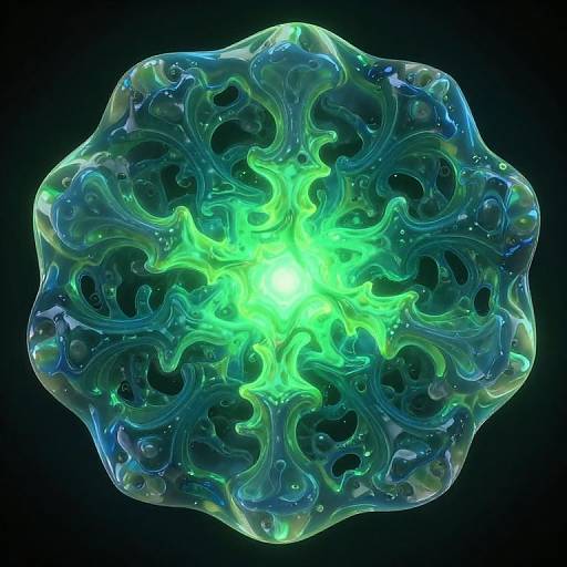 Digital CGI artwork of a glowing, translucent, fractal-like, blue-green, and neon green orb with intricate, swirling patterns against a black background.