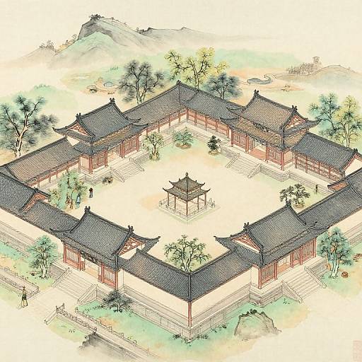 Aerial drawing of traditional Korean village featuring six dark-roofed buildings forming a square around a central pagoda, surrounded by trees and mountains.