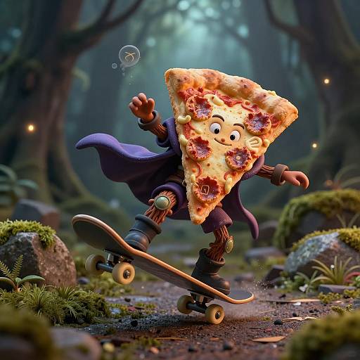 Anthropomorphic Pizza Slice Skateboarder in Mystical Forest