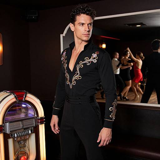 Photograph of a handsome man with curly black hair, wearing a black, ornate button-down shirt, standing in a dimly lit nightclub with a