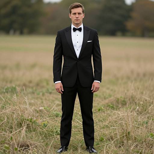 Photograph of a tall, handsome man in a black tuxedo with a bow tie, standing in a grassy field, with blurred trees in