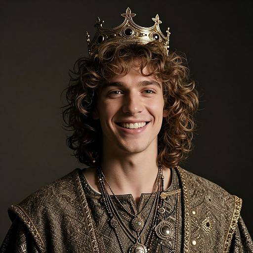 Photograph of a smiling young man with curly brown hair, wearing an ornate gold crown and intricate, patterned medieval-style robe.