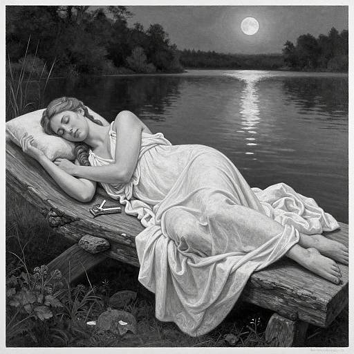 Black-and-white photograph of a sleeping woman in a white, flowing dress on a wooden log by a moonlit lake.