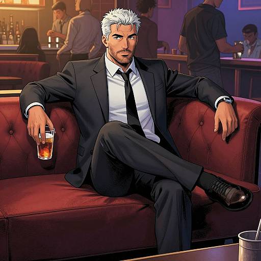 Digital illustration of a white-haired, bearded man in a black suit, white shirt, and black tie, sitting on a red tufted couch