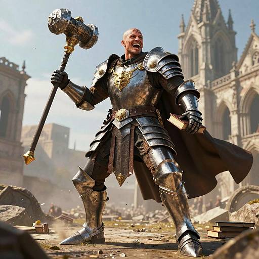 Photorealistic CGI of a muscular bald man in shiny silver armor, holding a decorated hammer, standing triumphantly in a ruined, medieval city with a