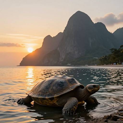 Photograph of a turtle in calm water during sunset, with a mountainous island and orange sky in the background.