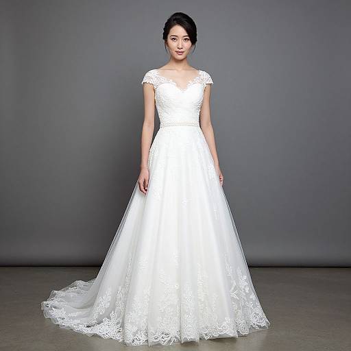 Photograph of an Asian woman with fair skin and black hair in an elegant white lace wedding dress with short sleeves, standing against a gray background.