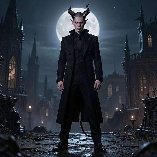 Digital illustration of a stern, horned demon with pale skin, black coat, and piercing eyes, standing under a full moon in a dark, go