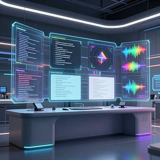 Neon-lit futuristic control room with glowing holographic screens displaying code, data, and colorful graphs on sleek, dark grey desks.