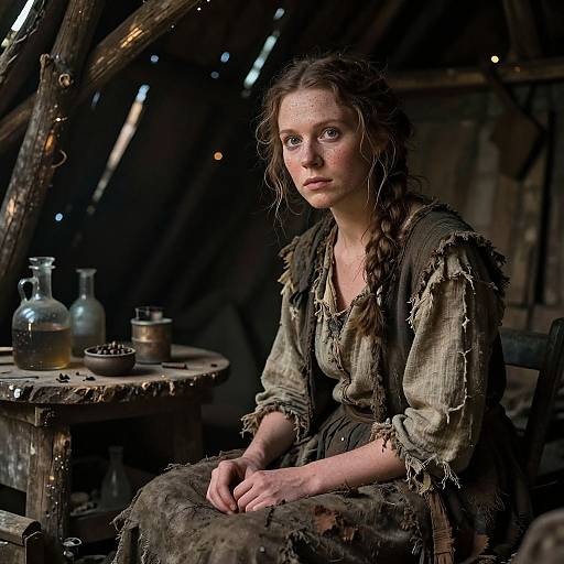 Photograph of a weary, young woman with braided brown hair, wearing tattered, rustic clothing, sitting in a dimly lit, wooden hut