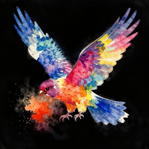 Vibrant watercolor painting of a multicolored bird in mid-flight against a black background, with bright blue, pink, yellow, and red