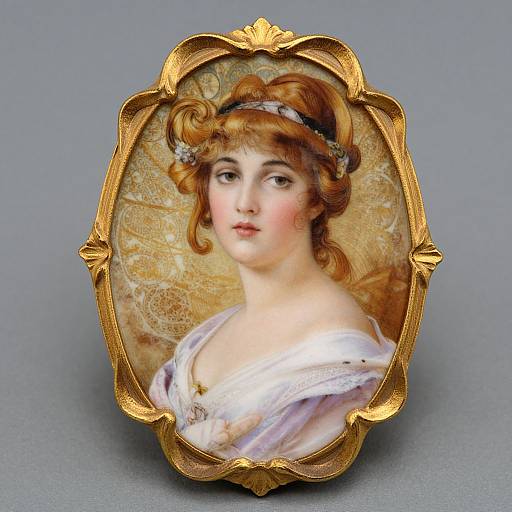 Victorian-style portrait of a fair-skinned woman with red hair, wearing a white off-shoulder dress, framed in an ornate gold oval