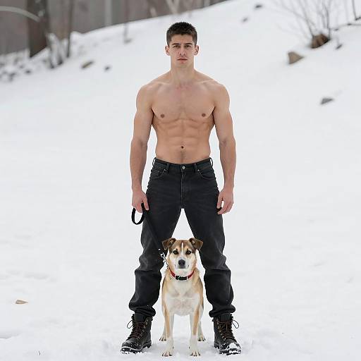 Muscular Male with Dog in Snowy Outdoors