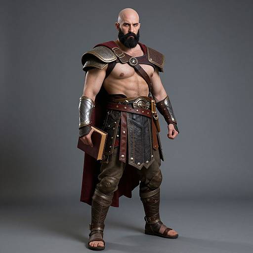 Photograph of a muscular, bald, bearded man in ancient Roman-style armor, holding a book, with a stern expression, against a gray gradient