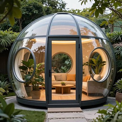 Photograph of a modern, transparent dome-shaped greenhouse with circular windows, containing a cozy, warmly lit indoor lounge with plants and seating.