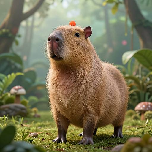 Digital artwork of a fluffy, brown-furred hamster with a small red spot on its head, standing in a lush, sunlit forest filled with