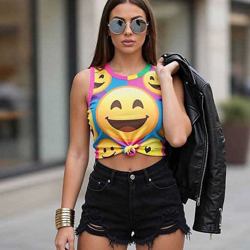 Photograph of a young woman with long brown hair, wearing round sunglasses, a colorful emoji crop top, black denim shorts, and a black leather jacket