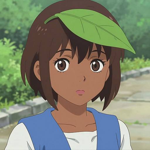 Anime-style digital drawing of a young girl with dark brown hair, large brown eyes, and a green leaf in her hair. She wears a blue vest