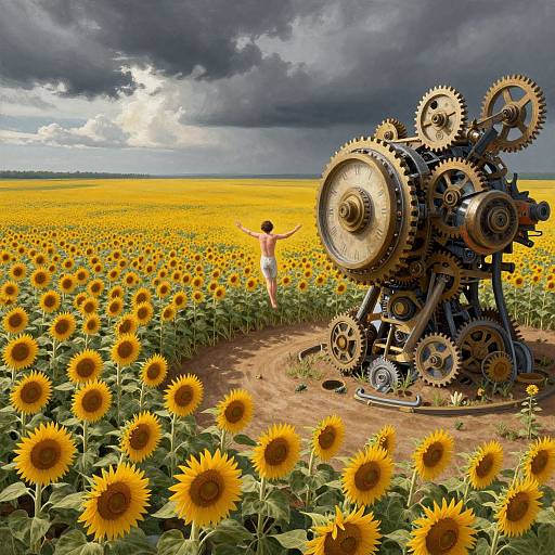 Photograph of a nude woman with raised arms standing in a vast sunflower field, beside a large, mechanical gearwork sculpture under dramatic, cloudy skies