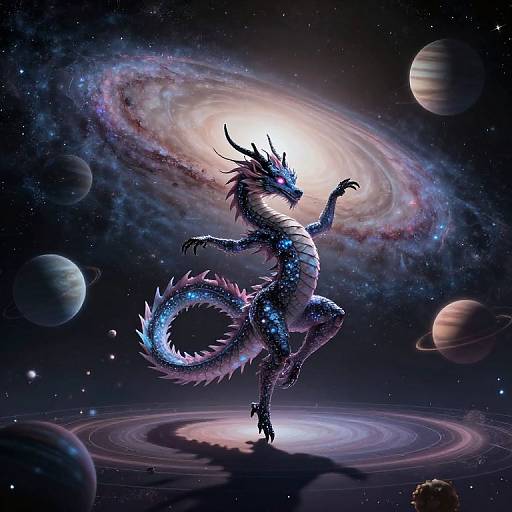 Digital art of a glowing, blue and purple dragon with intricate scales and horns dancing in front of a bright spiral galaxy, surrounded by planets and stars in