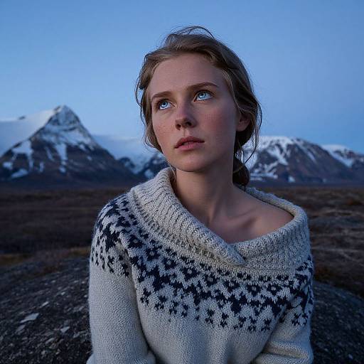 Photograph of a young woman with blue eyes, light brown hair, wearing a white knit sweater with black patterns, gazing upwards in a snowy mountain