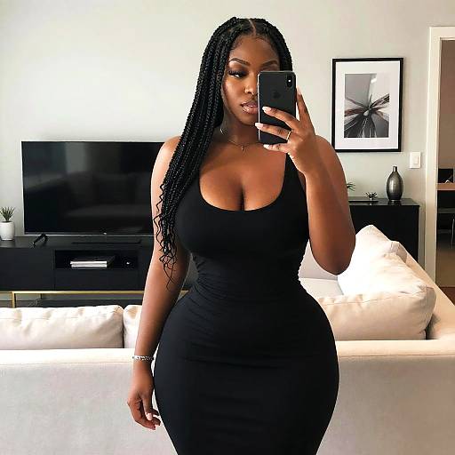 Photograph of a curvy Black woman with long braids, wearing a tight black dress, taking a mirror selfie in a modern living room.