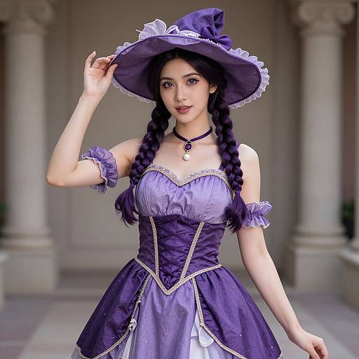 Photograph of a young woman with fair skin, black braided hair, wearing a purple witch costume with a hat, corset, and lace trim
