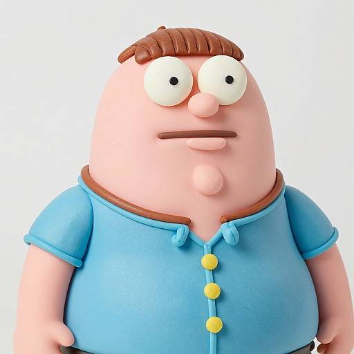 Cartoon-style 3D digital rendering of a chubby man with brown hair, large white eyes, and a blue shirt with yellow buttons.