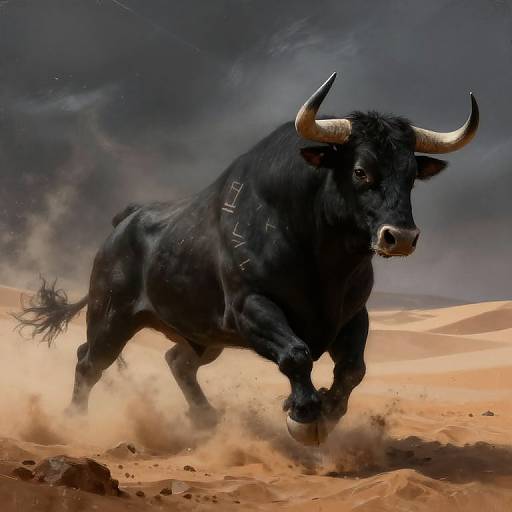 Photorealistic digital artwork of a powerful black bison with large white horns charging through dusty, orange desert sand under a stormy, dark blue sky