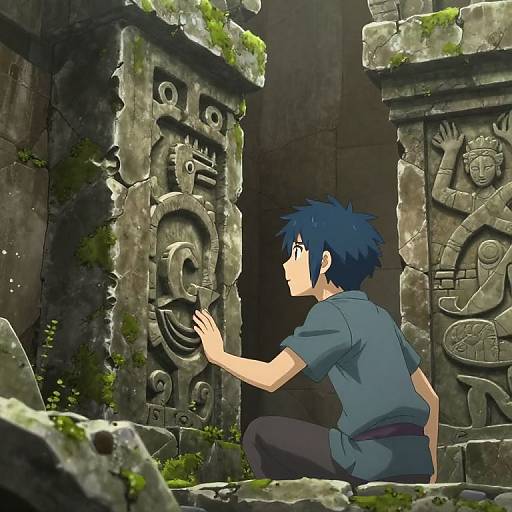 Anime-style drawing of a blue-haired boy in a gray shirt, crouching and touching ancient, moss-covered stone carvings with intricate symbols.