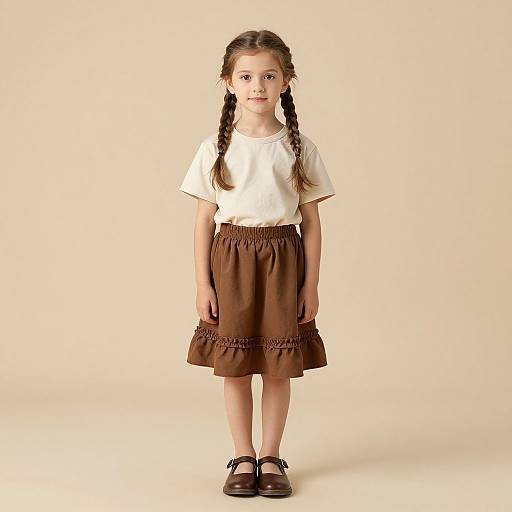 Photograph of a young girl with long brown braids, wearing a white t-shirt, brown skirt with ruffle trim, and black Mary Jane shoes
