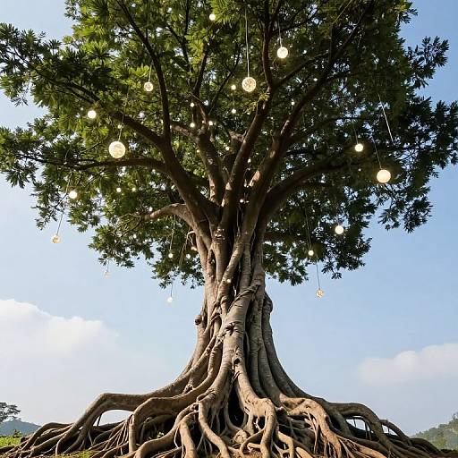 Photograph of a large, twisted tree with sprawling roots and glowing white string lights hanging from its dense, green foliage against a clear blue sky.