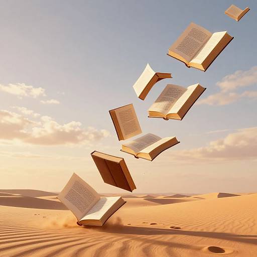 Photograph of open books floating in a sunlit desert, casting shadows on orange sand dunes under a clear blue sky.