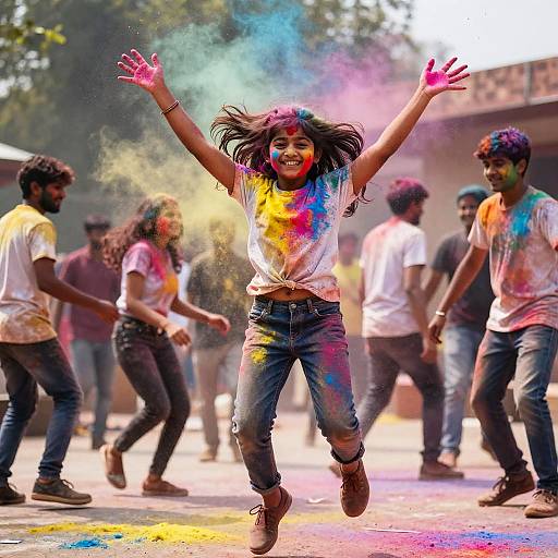 Photograph of a joyful Indian girl with colorful Holi powder on her face and clothes, jumping with arms raised, surrounded by smiling, similarly powdered men