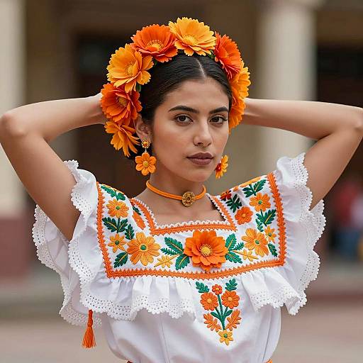 Woman in Traditional Mexican Dress with Orange Floral Accessories