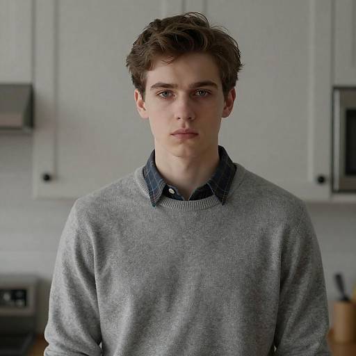 Serious Young Man in Kitchen Setting