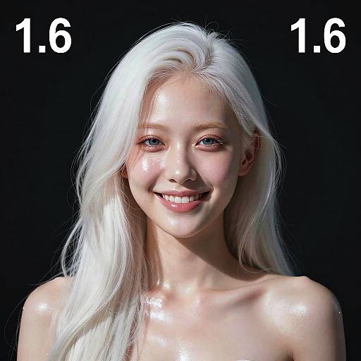 Photorealistic digital portrait of a smiling young woman with long, shiny white hair, fair skin, and blue eyes, against a black background with 