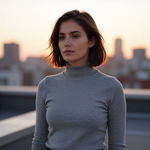 Photograph of a serious-looking, dark-haired woman with a bob haircut, wearing a gray, long-sleeve, turtleneck sweater, standing