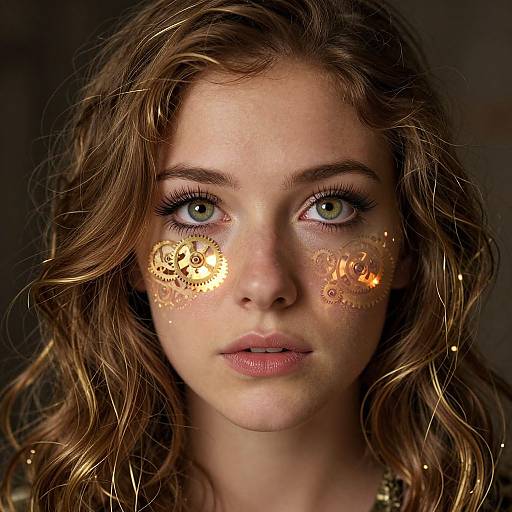 Close-up photograph of a young woman with wavy brown hair, green eyes, and golden glitter patterns on her cheeks, against a dark background.