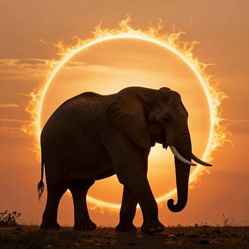 Photograph of a silhouetted African elephant with large tusks walking against a vivid orange, sun-shaped sky at sunset.