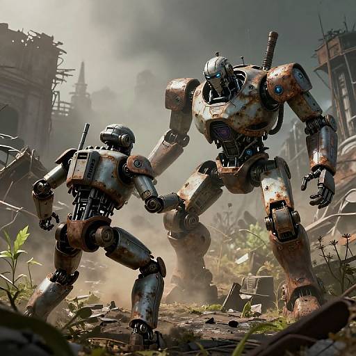 Photorealistic CGI of two rusted, battle-worn robots in a post-apocalyptic ruin, standing amidst debris and smoke, ready for combat.