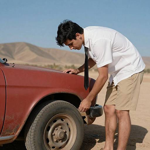 Young Man Inspecting Vintage Car Outdoors