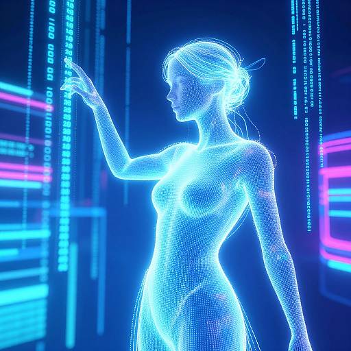 Neon blue and white wireframe silhouette of a nude woman with an outstretched hand, set against a vibrant, futuristic digital background.