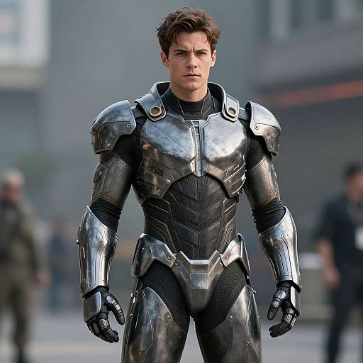 Photograph of a handsome, serious-looking man with short brown hair in sleek, reflective black and silver metallic superhero armor, standing confidently in an urban,